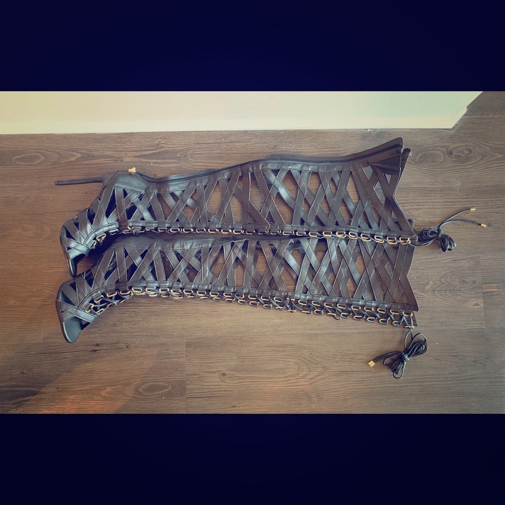 Thigh high Caged lace up heeled Sandal Boot